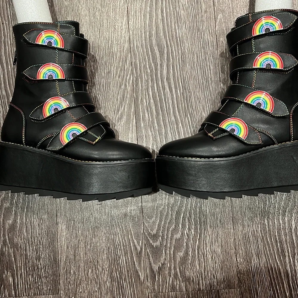 YRU Karma Rainbow Platform Black Vegan Boots Size 8